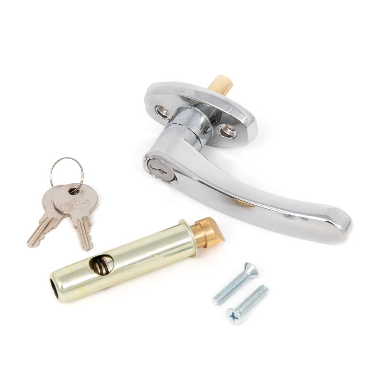 L Handle and Latch Set, Chrome Locking ADA Approved with V- Spindle, Round Bolt/Plunger Latch, Midland Style with Keys and Hardware for Trash Chute and Linen Chute Doors - Free Ground Shipping