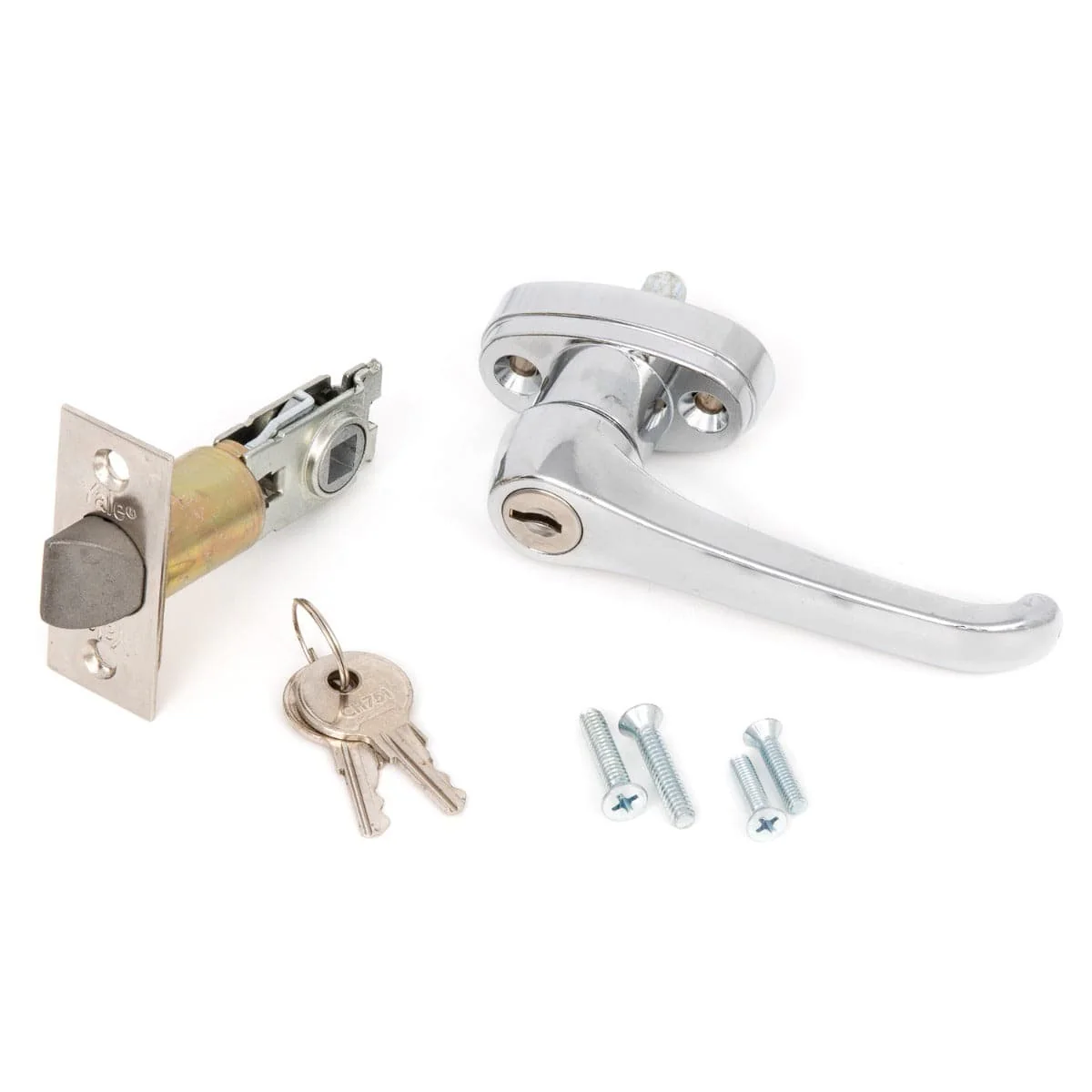 L Handle and Latch Set, Chrome Locking with Square Spindle, Square Type Latch, with Keys and Hardware for Trash Chute and Linen Chute Doors - Free Ground Shipping