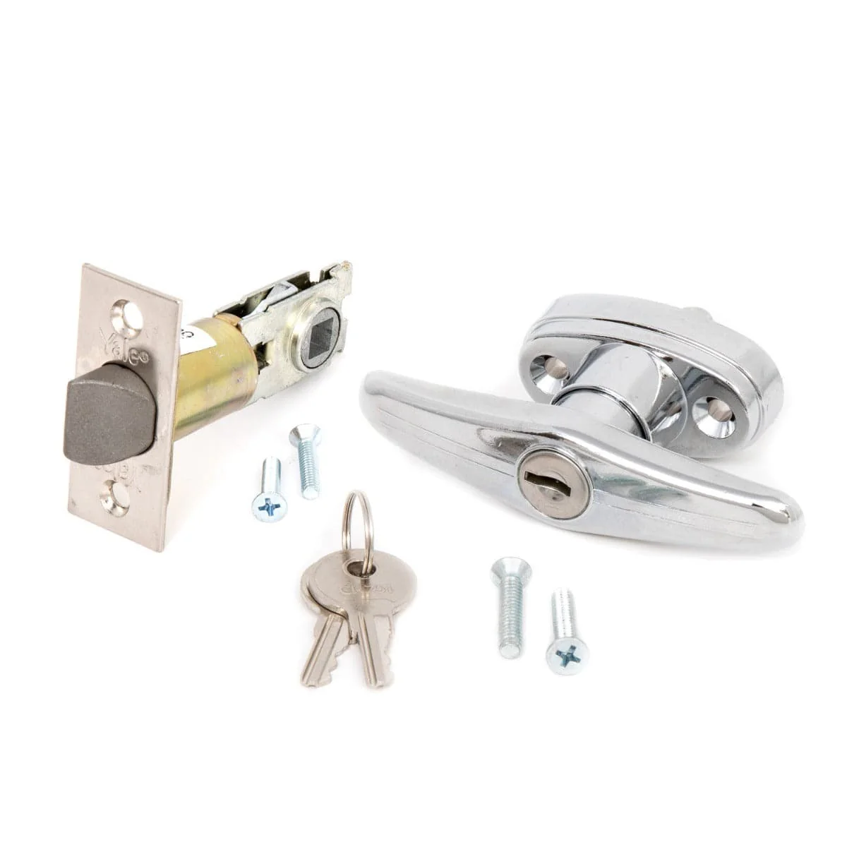 T Handle and Latch Set, Chrome Locking with Square Spindle, Square Type Latch, with Keys and Hardware for Trash Chute and Linen Chute Doors - Free Ground Shipping