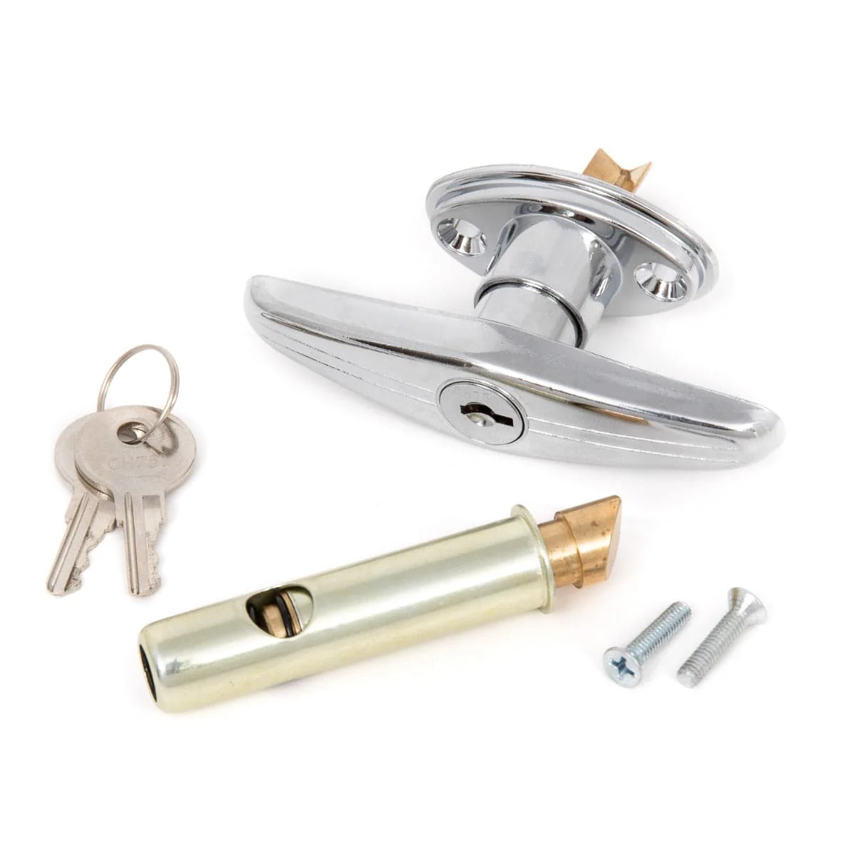 T Handle and Latch Set, Chrome Locking with V- Spindle, Round Bolt/Plunger Latch, Midland Style with Keys and Hardware for Trash Chute and Linen Chute Doors - Free Ground Shipping