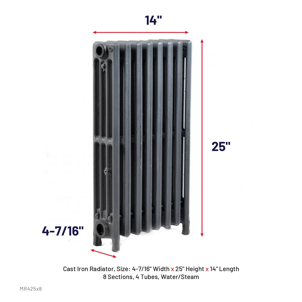 Cast Iron Radiator, Size: 4-7/16" Width x 25" Height x 14" Length - 8 Sections, 4 Tubes, Water/Steam - Image 2
